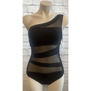 Shade & Shore Black Mesh Front One Shoulder One Piece Swimsuit Size Small (4-6)